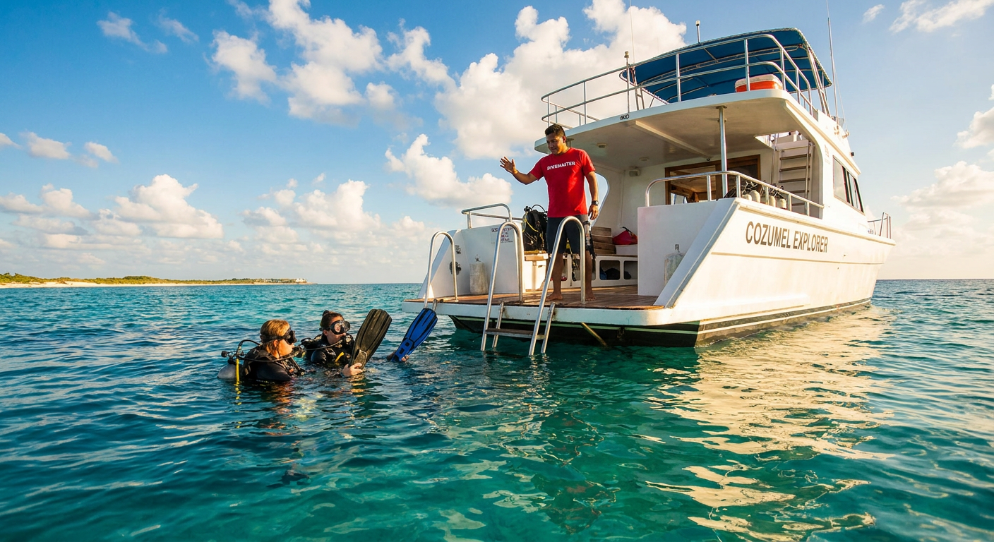 Dive boat on the turquoise Caribbean Sea near Cozumel