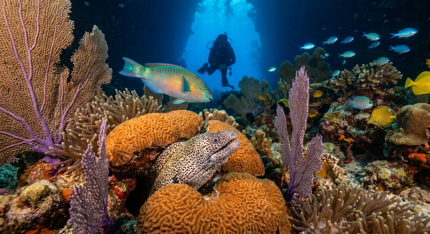 Vibrant Cozumel reef marine life — moray eel and tropical fish