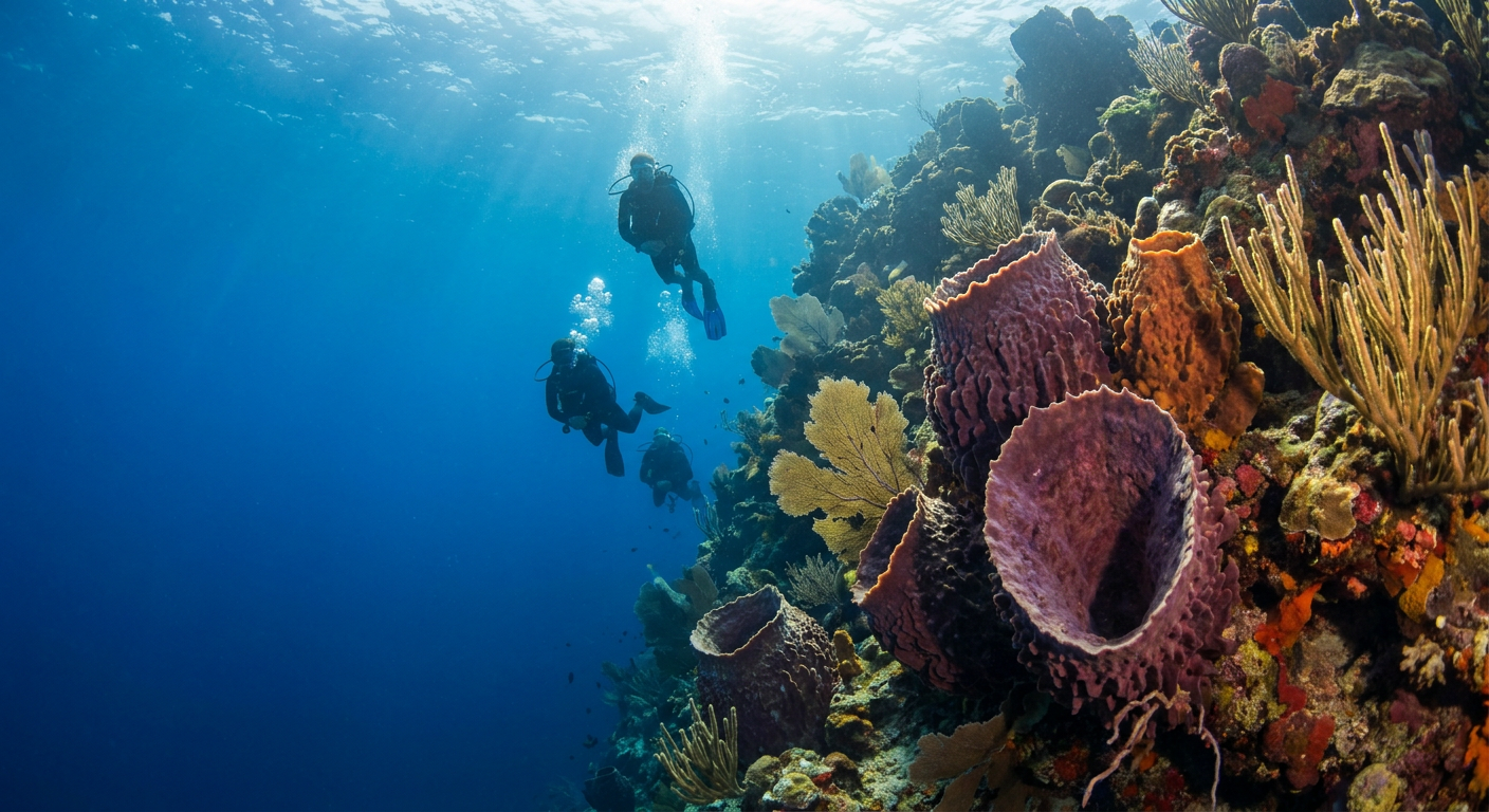 Divers descending along a dramatic coral wall in Cozumel